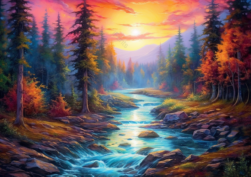 唯美森林河流湖泊日落多彩橙色日落油画风格插画,插画/手绘图,插画/手绘图库,插画/手绘图下载,插画/手绘